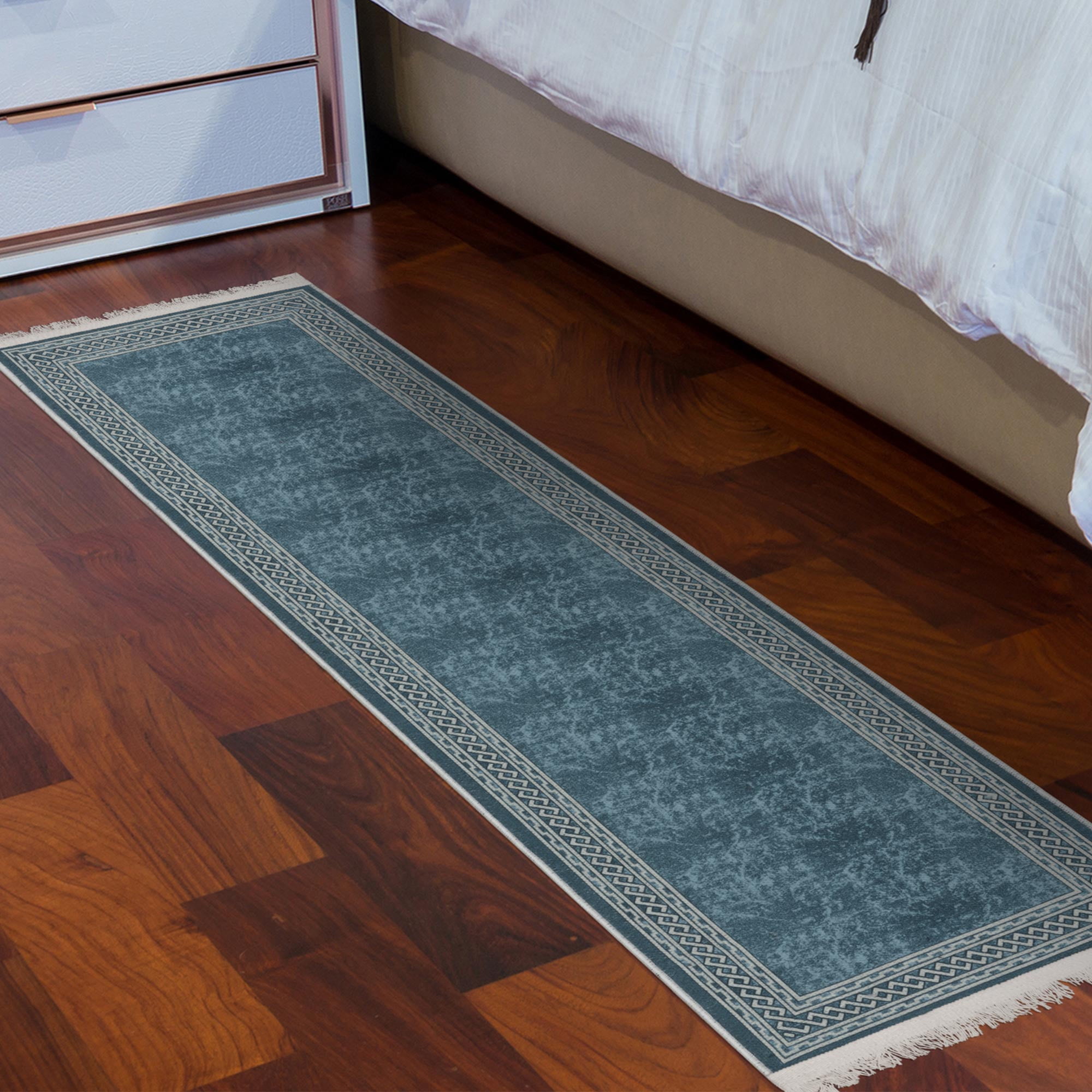 Ottomanson Machine Washable Cotton 2x5 Flatweave Runner Rug for Bedroom, 20" x 59", Blue Border