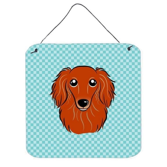 Checkerboard Blue Longhair Red Dachshund Aluminum Metal Wall Or Door Hanging Prints, 6 x 6 In.