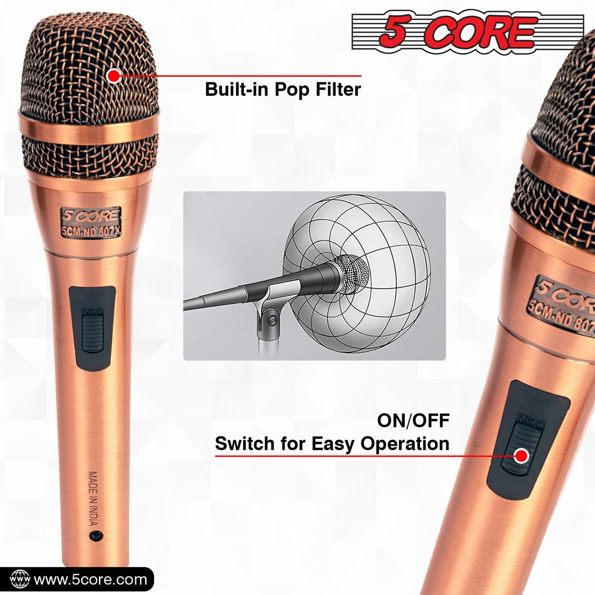 Professional Dynamic Vocal Microphone Neodymium Cardioid Unidirectional Handheld Mic for Singing Karaoke Steel Mesh Grille Metal Body With ON Off Switch + 16ft Detachable Cable + Clip + Bag