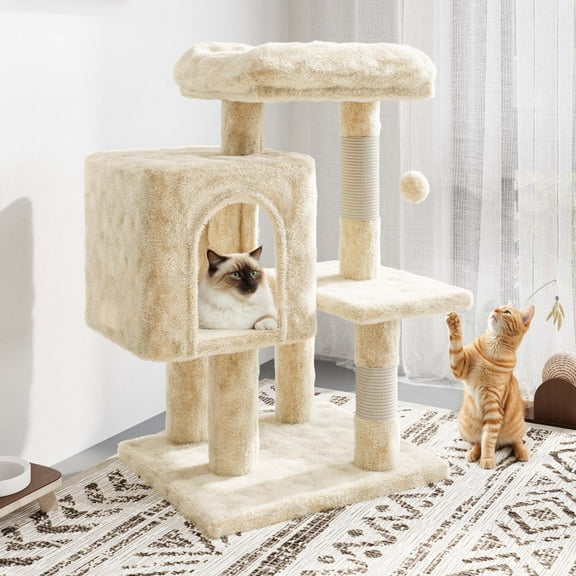 Amolife 29.1" Small Cat Tree Tower with Plush Cat Condo Perch Sisal Scratching Posts for Indoor Cats and Kittens, Beige