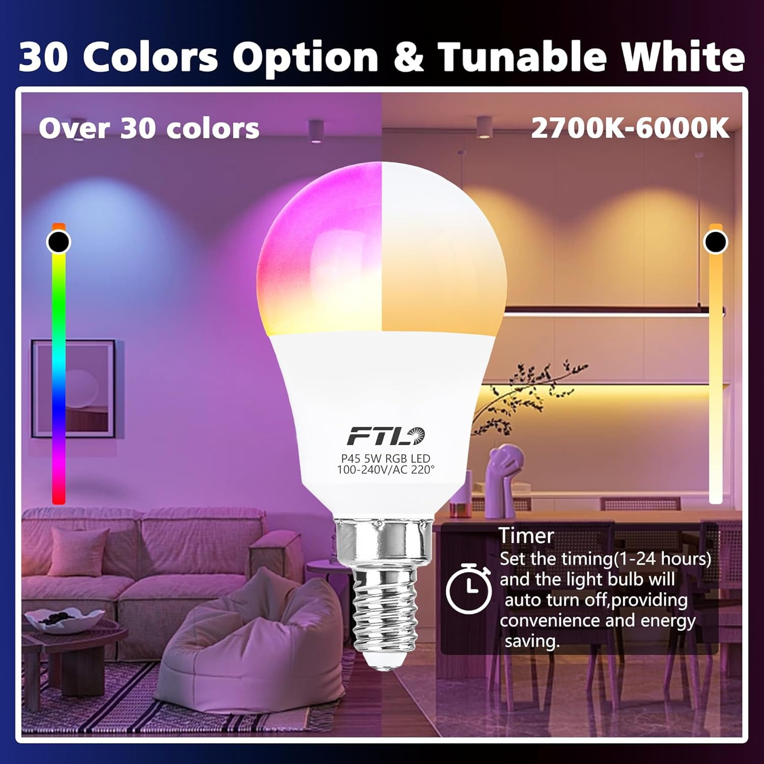 FTL E12 LED Light Bulb Color Changing, 5W 40W Equivalent A15 RGB Light Bulb with Remote Control, Warm White to Daylight White 2700K-6000K, 30 Colors RGB E12 LED Bulb Dimmable,Timer, 2 Modes,6-Pack