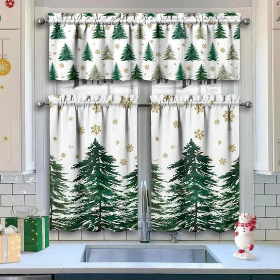 Christmas Kitchen Curtains Valances 3 Piece Set,Merry Xmas Trees Snowflake Rod Pocket Farmhouse Cafe Curtain Over Sink Window for Holiday Winter Decor 36 Inch