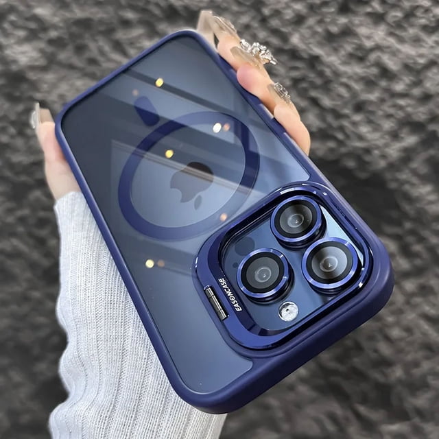 Étui Magnétique de Luxe Antichoc pour iPhone 16 15 14 13 12 11 Pro Max 16 Plus Étui Rigide Support Verre Protection d'Objectif Étui Arrière Bleu Foncé pour iphone13Promax