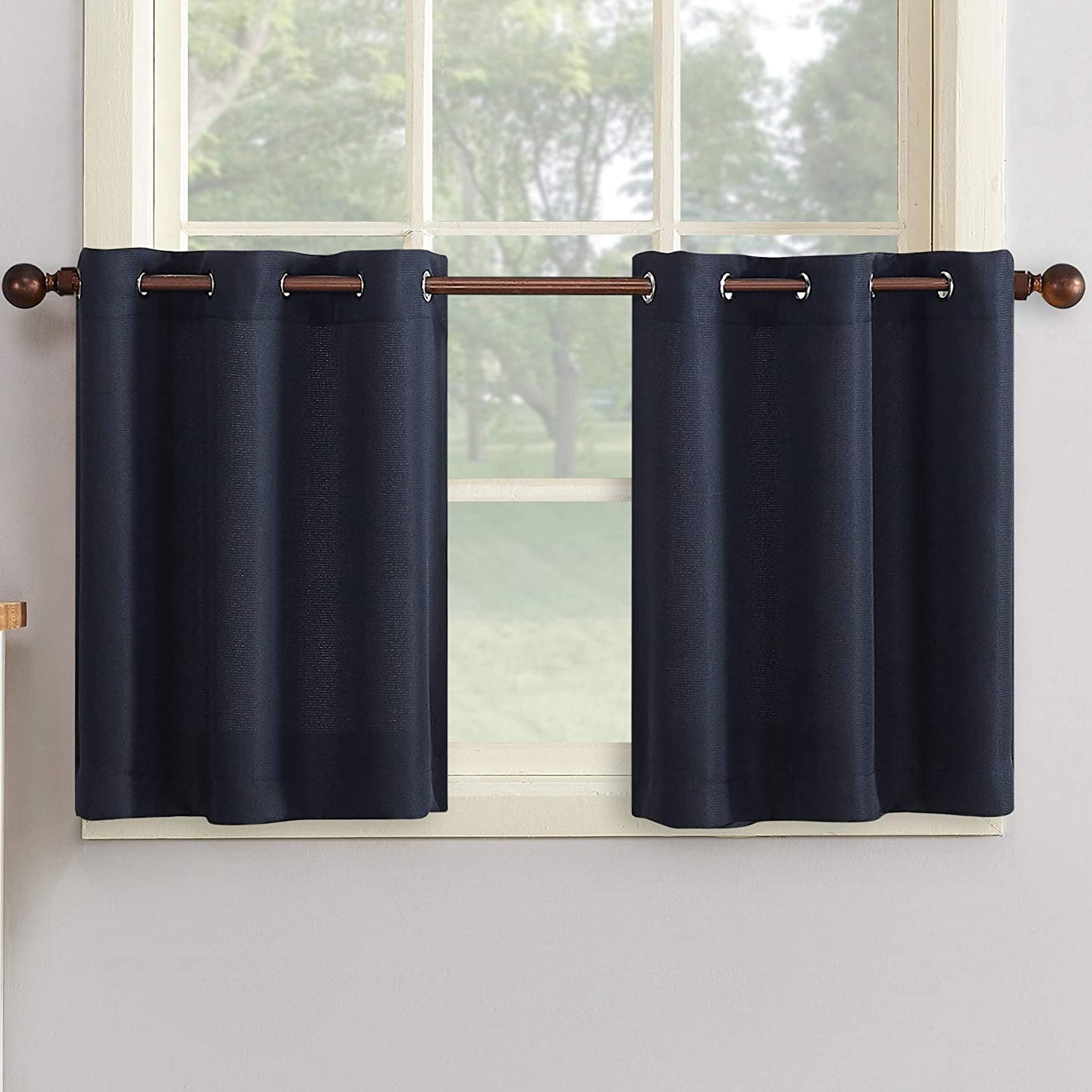 54 x 24 3-Piece 918 Dylan Casual Textured Semi-Sheer Grommet Kitchen Curtain Valance and Tiers Set Navy Blue No
