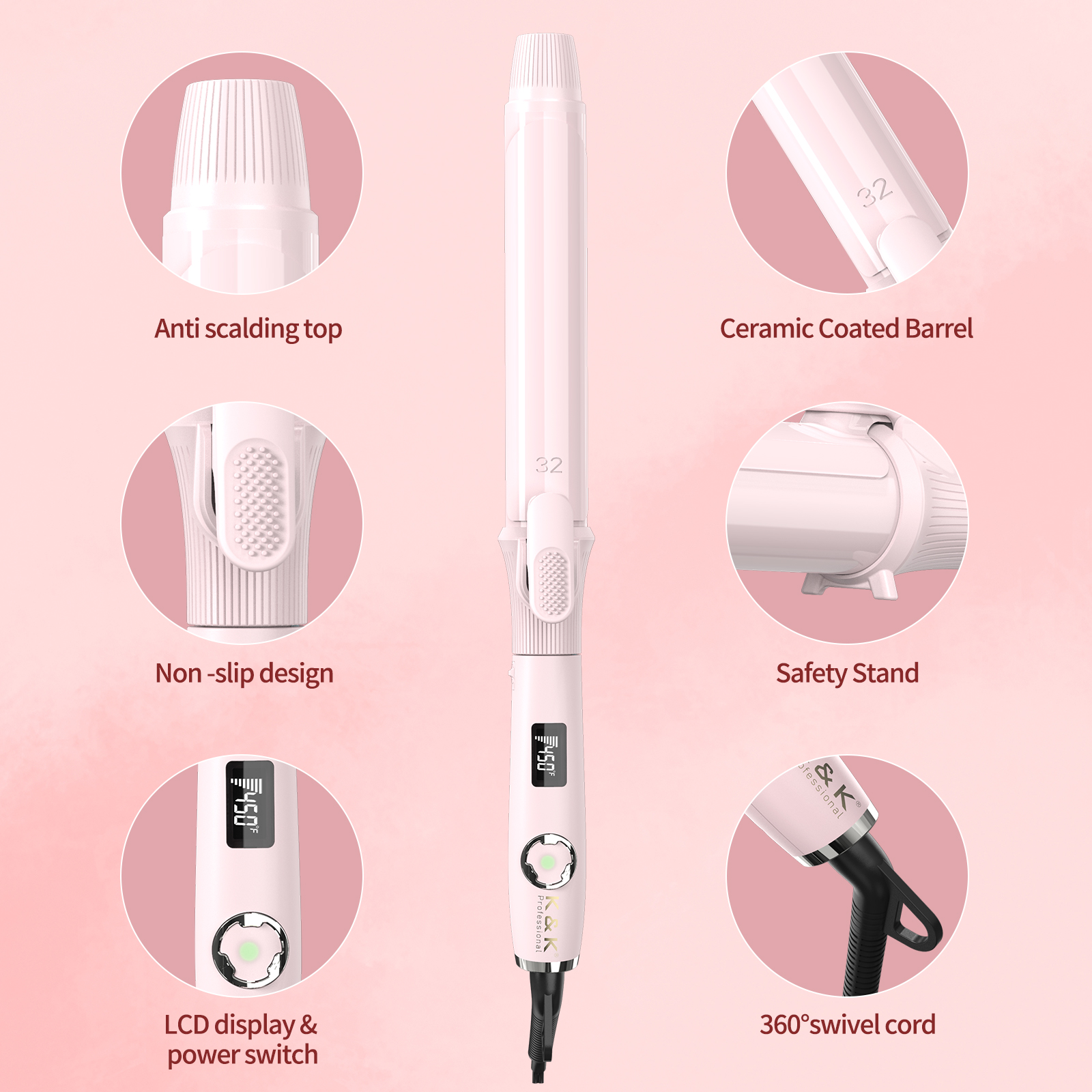 1 1/4 Inch Curling Iron with Clipped Tourmaline Ceramic Barrel Professional Hair Curler up to 450°F Dual Voltage for Traveling 60 Mins Auto Off Suit for Different Hairstyle