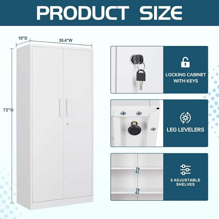 MIIIKO Metal Storage Cabinet with Locking Doors, White 72