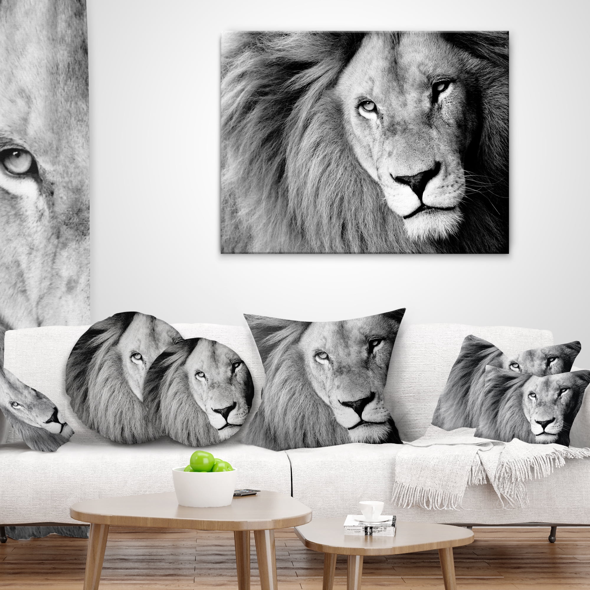 Designart Lion Head in Grey - Animal Throw Pillow - 12x20