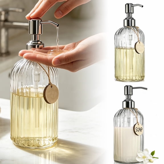 2 Pack Glass Soap Dispenser, Refillable Liquid Hand Dish Soap Dispenser with Stainless Steel Pump & Wooden Tag, Clear Striped Lotion Bottle for Kitchen Bathroom Countertop