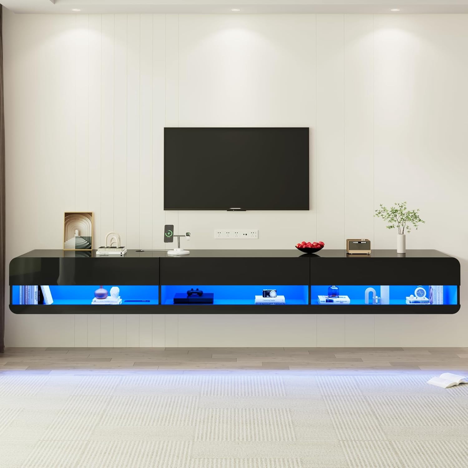 Anpoo 94.5'' Modern Floating TV Stand for TVs up to 100'' TV, LED High Gloss Entertainment Center with Storage & Power Outlet, TV Console with 20 Color Changing Lights for Living Room Bedroom, Black