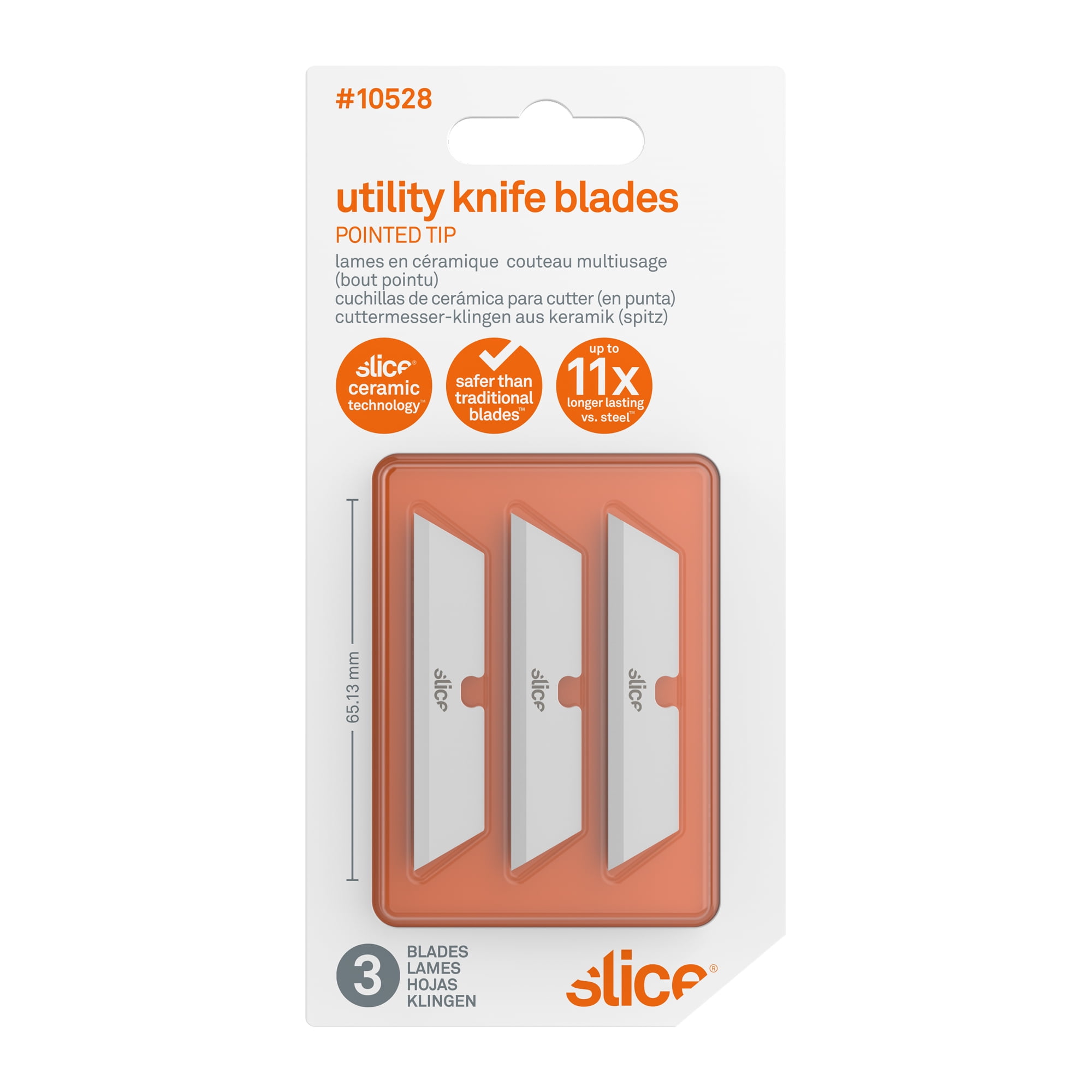 Slice 10528 Replacement Utility Knife Blades - Pointed Tip - Finger-Friendly, Micro Ceramic Safety Blade | Never Rusts - Pack of 3