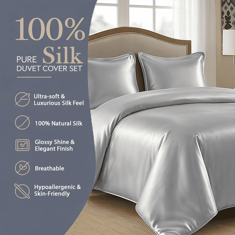 Amay Satin Silk Queen Duvet Cover Set (90"×90",Silvery Grey ) – Luxurious Glossy Finish – Ideal for Master Bedrooms, Hotel-InspiSilvery Grey Décor – 3-Piece Set