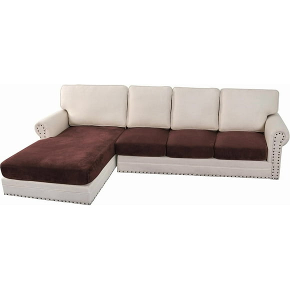 Velvet Stretch Sectional Couch Covers 4 Pieces Sofa Seat Cushion Covers L Shape Separate Cushion Couch Cover for Both Left/Right Sectional Couch (Large Sofa 3 Seater + 1 Chaise, Brown)