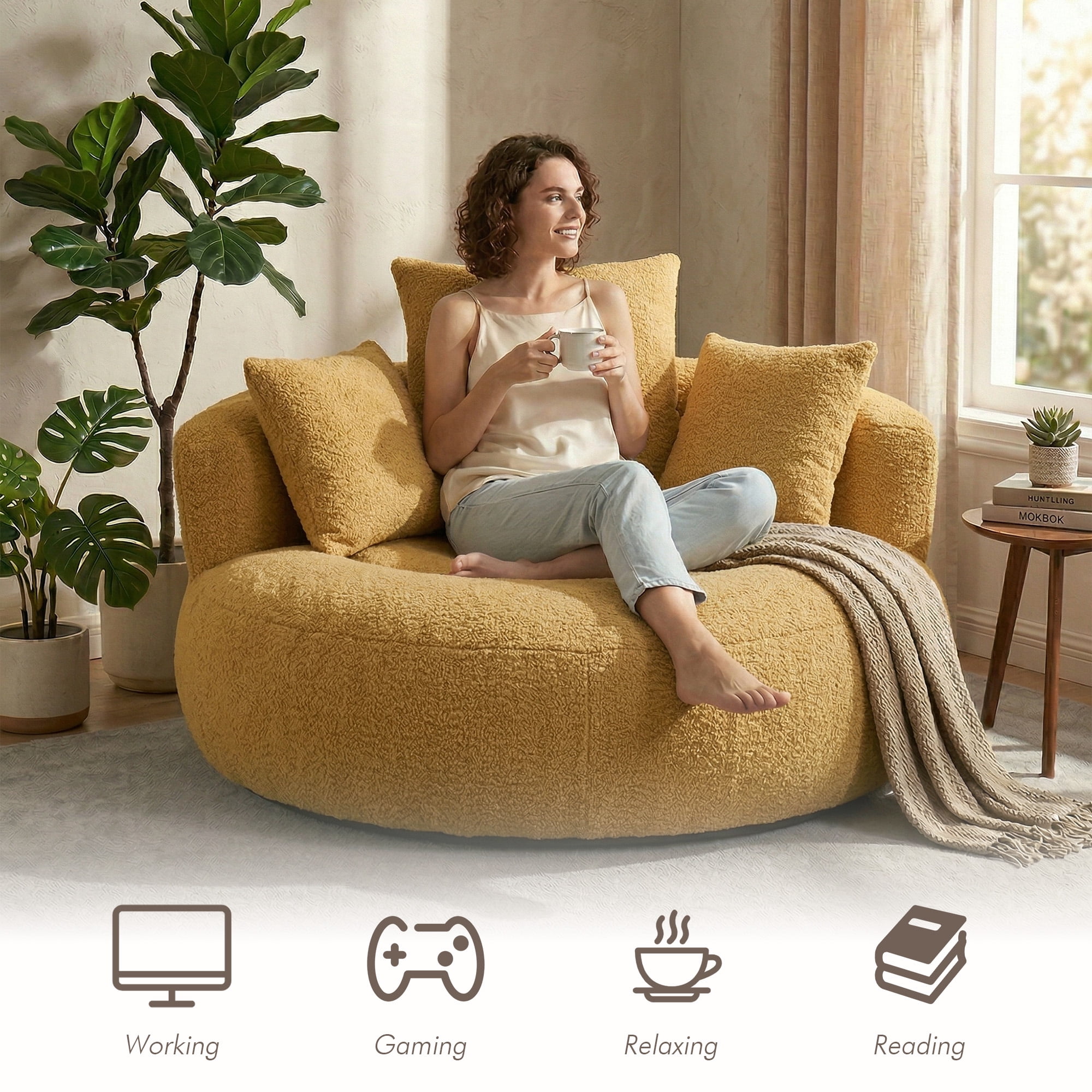 MOONMISS Oversized Bean Bag Chair, Chenille Lazy Bean Bag Sofa with Wrap-Around Backrest & Pillows for Living Room,Yellow