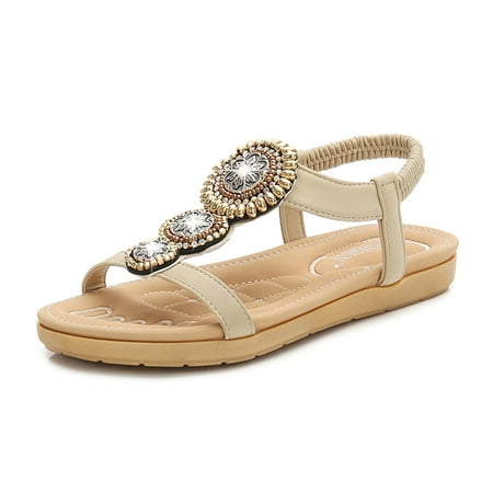 

HIBRO Women s Ladies Crystal Bohemian Ankle Toepost Flat Sandals Roman Shoes