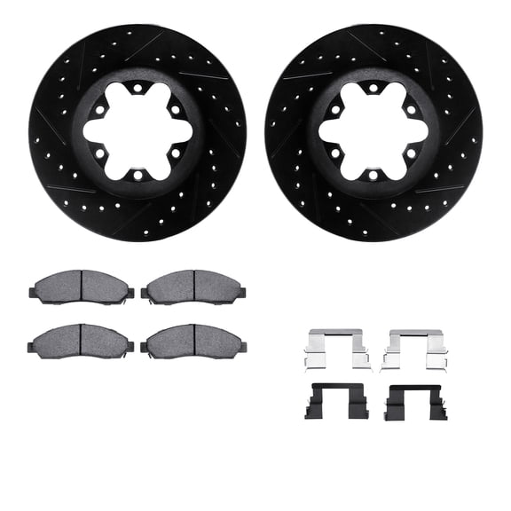 Dynamic Friction Company Front Brake Rotors-Drilled and Slotted-Black with Ultimate Duty Performance Brake Pads includes Hardware 8412-48034
