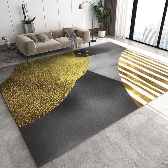 Luxurious Gold Foil Marble Stripes Area Rug, Black And Grey Ink Texture Living Room Rugs, With Anti-Slip Easy Clean Carpet For Living Room Bedroom Kitchen Dining Room Home Office 5x6ft