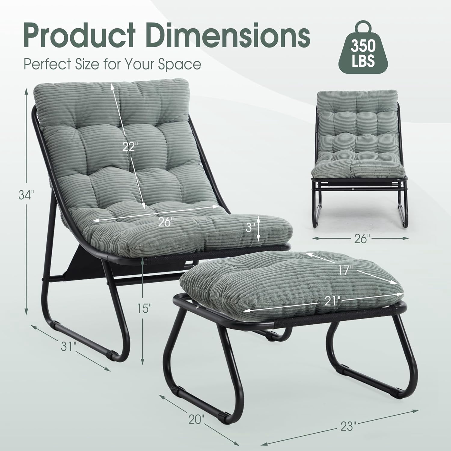 MOONMISS Lounge Chair with Ottoman ,Accent Chair with Plush Cushion and Footstool for Living Room,Green