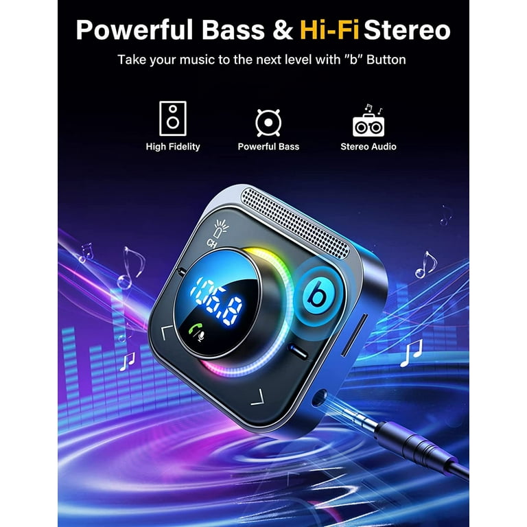 NULAXY 54W Bluetooth 5.3 Car Adapter With 4 Charging Ports [PD 36W & QC3.0 18W], Wireless Radio FM Transmitter, Bluetooth Transmitter, Deep Bass Player, 5 Colors LED Backlit, Hands-Free Calls, Black