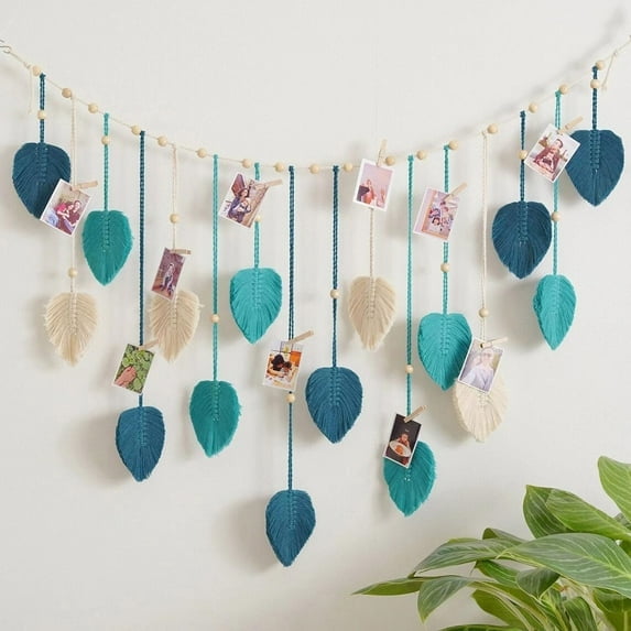 Mictong hand woven tapestry, tassel tapestry, bohemian style, handmade wall decoration, photo display pendant, leaf feather pattern, blue, 1 piece