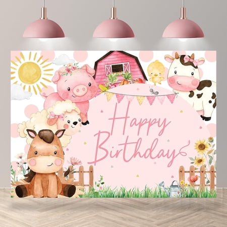 7x5FT Farm Animals Happy Birthday Backdrop for Girl Pink Barn House Cartoon Animal Farm Theme Photography Background Girls Birthday Party Decorations Banner Supplies Photo Booth Props