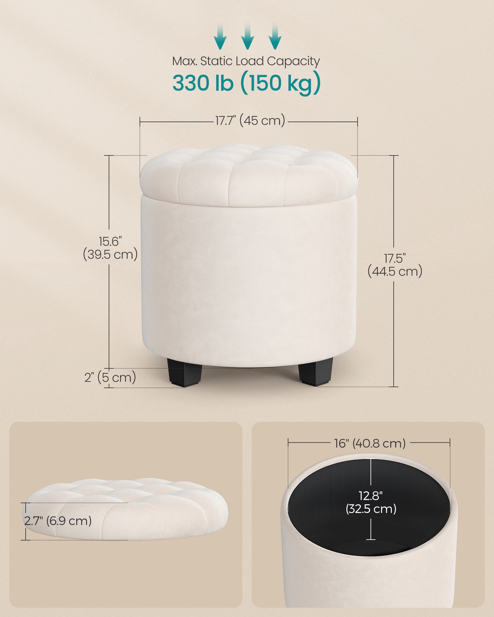 Round Velvet Ottoman with Storage - 17.7" Foot Rest Stool with Legs, 330 lb Capacity, for Living Room/Bedroom, Cream White