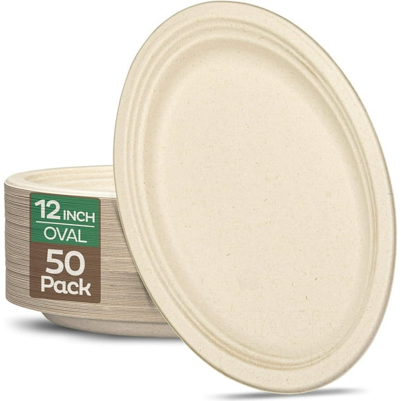 Assiettes Ovales en Papier 100 % Compostables [Lot de 50] - {Sans PFAS} - {Certifiées BPI} - [12 Pouces] Plateaux en Bagasse Robustes, Écologiques, Biodégradables - Brun Naturel Assiettes Ovales 12 Pouces par Stack Man