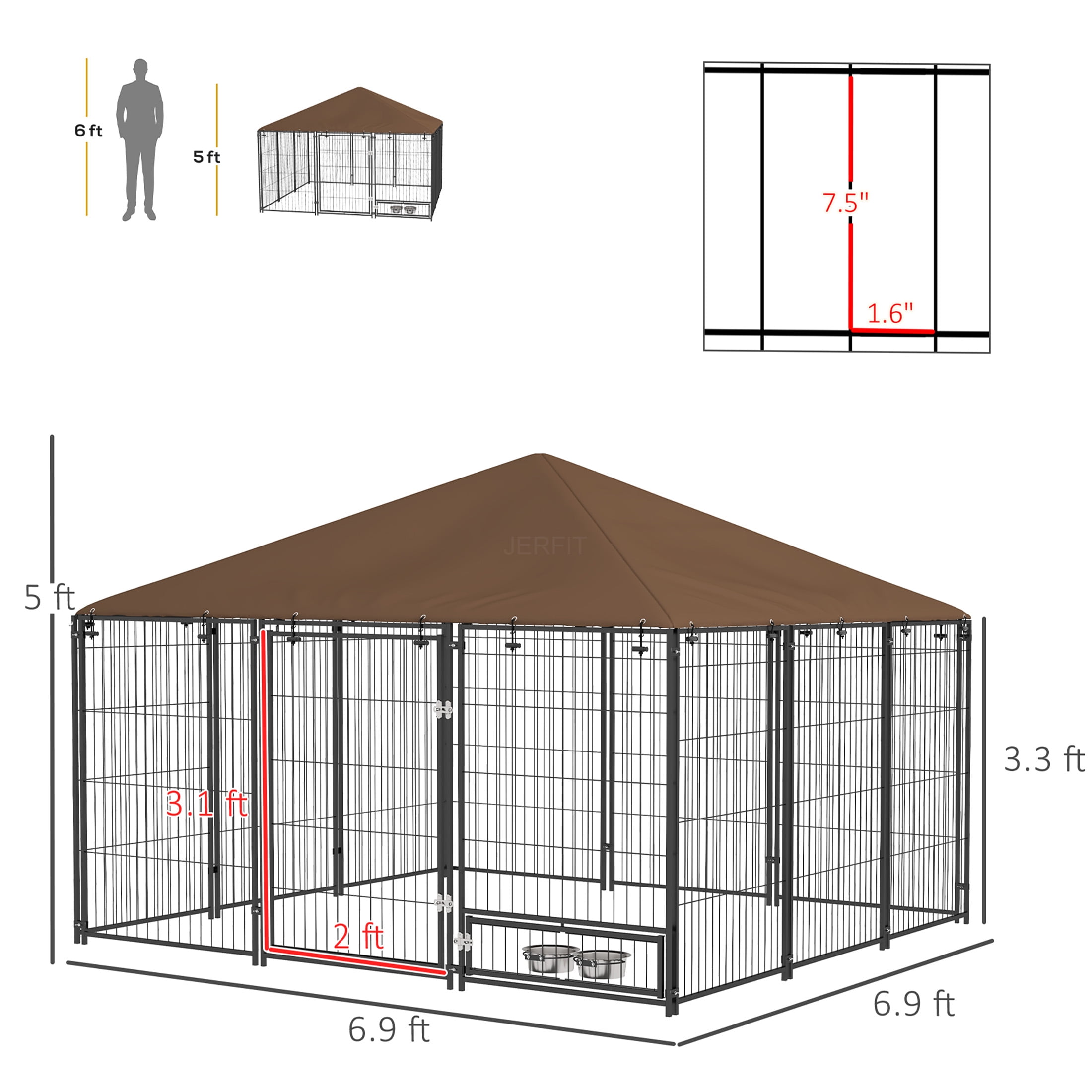 JERFIT 6.9' x 6.9' x 5' Outdoor Dog Kennel with Removable Canopy, Rotating Feeding Door, Weather-Resistant Metal Playpen for Large Dogs, Coffee Brown