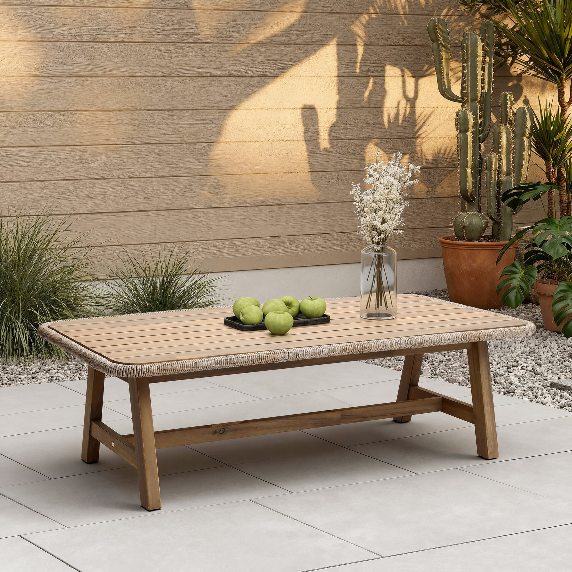 LuxenHome Outdoor Acacia Wood Coffee Table with Woven Wicker Edge, Patio Furniture Accent