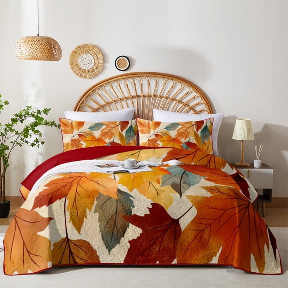 Flymme Fall Maple Leaf Quilt Set Queen Size,Autumn Botanical Printed Bedspread with Pillow Shams,Lightweight Coverlet Set Bed Cover for Bedroom Decor