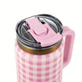 thumbnail image 5 of Thyme & Table 32oz Stainless Steel Luna Tumbler with Handle and Dual Straw Lid, Pink Gingham, 5 of 8