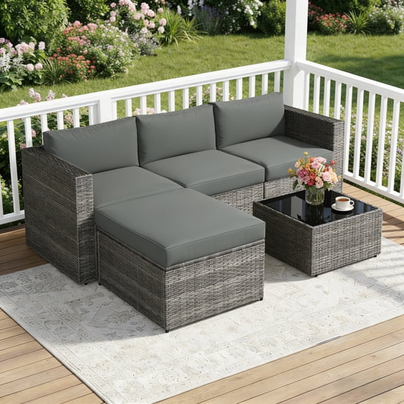 Royalcraft Outdoor Patio Set,5 Pcs PE Wicker Rattan Outdoor Furniture Set, Tempered Glass Coffee Table, Grey