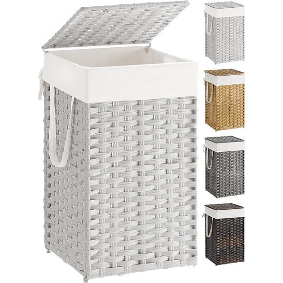 17.2 Gallon (65L) Wicker Laundry Hamper with Lid Laundry Basket with Handles Wicker Basket Foldable Removable Liner Bag White