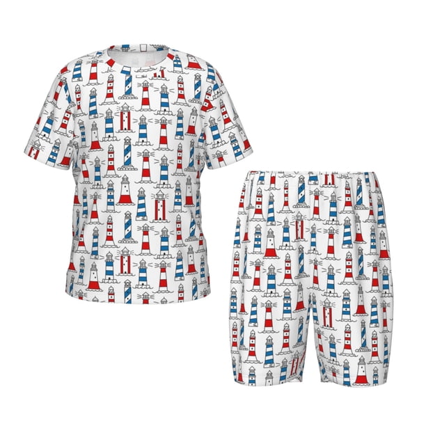 Fotbe Lighthouse And Beacon Pijama Estampada de 2 Piezas para Niños – Ropa de Dormir de Manga Corta Cómoda para Niños y Niñas, Camiseta y Shorts de Algodón-XX-Large