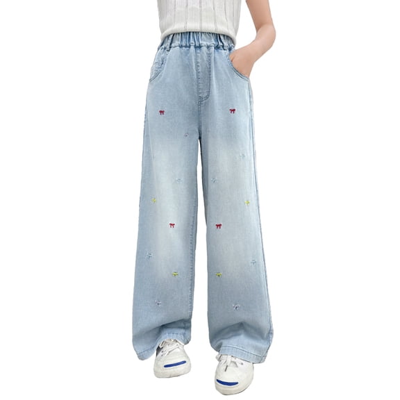 Otqutp Girls Baggy Jeans Elastic Wasit Wide Leg Denim Pants Cute Y2K Stretchy Jeans Kids Preppy Trendy Clothes Plus Size Joggers
