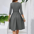 thumbnail image 4 of WTOBBY Women's Classic Solid Color Waistband Round Neck 3/4 Sleeve Dress, Flowy Midi Sundress with Timeless Style for Various Occasions,Dark Gray M, 4 of 5