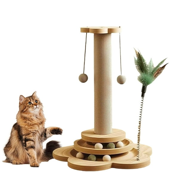 LTS EMIRA Cat Scratching Post, 4 in 1 Wooden Cat Scratcher Toy, 19.6" Tall Scratch Post with 2 Level Cat Track Balls, Interactive Feather Toy and 2 Sisal Hanging Balls for Indoor Kittens, Adult Cats