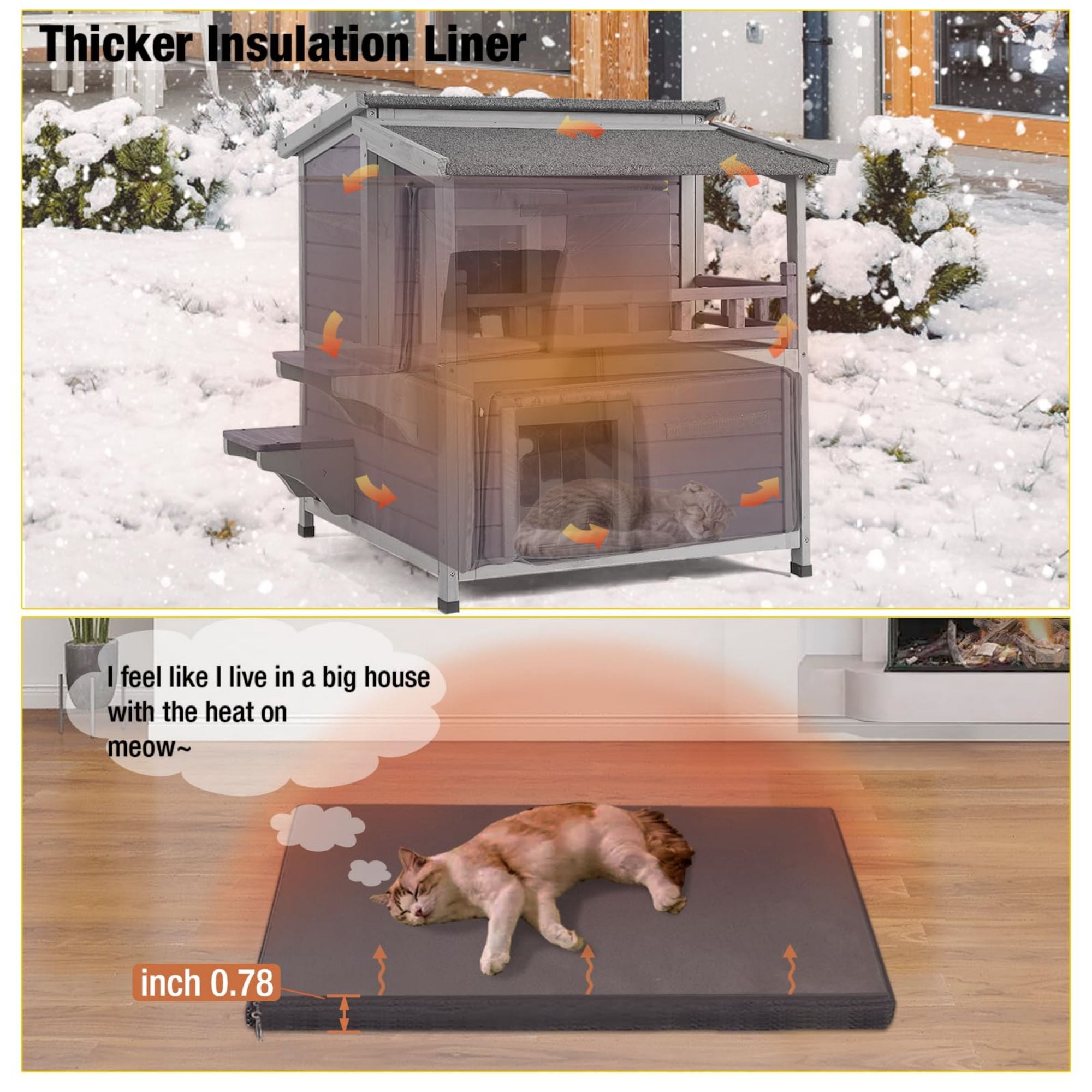 Aivituvin Insulated Outdoor Cat House with Insulated Liner, Winter Weatherproof Feral Cat Condo Shelter with Balcony, Gray