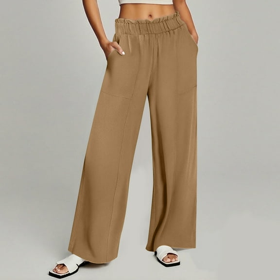 absuyy Summer Pants for Women 2025 High Waisted Palazzo Pants Wide Leg Cotton Linen Blend Trousers with Pockets Brown S