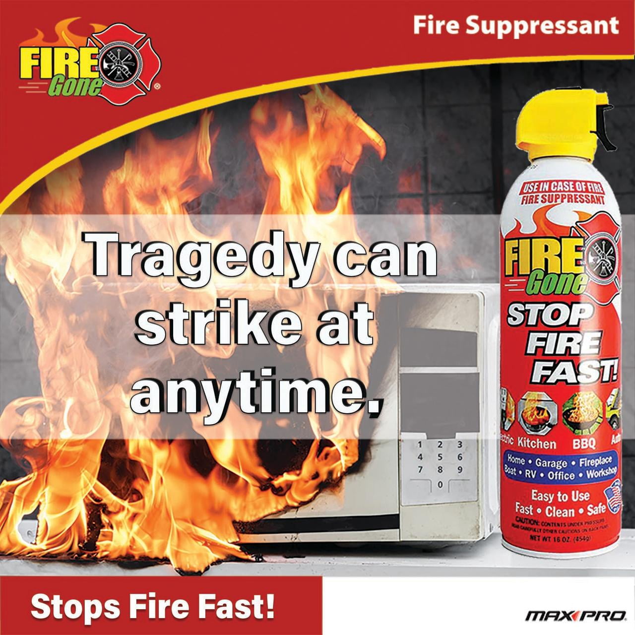(4 pack) Fire Gone 16 oz Fire Extinguishing Spray - Aerosol Can -FFF-Foaming Agent -(Pack of 1) Cooking & Household