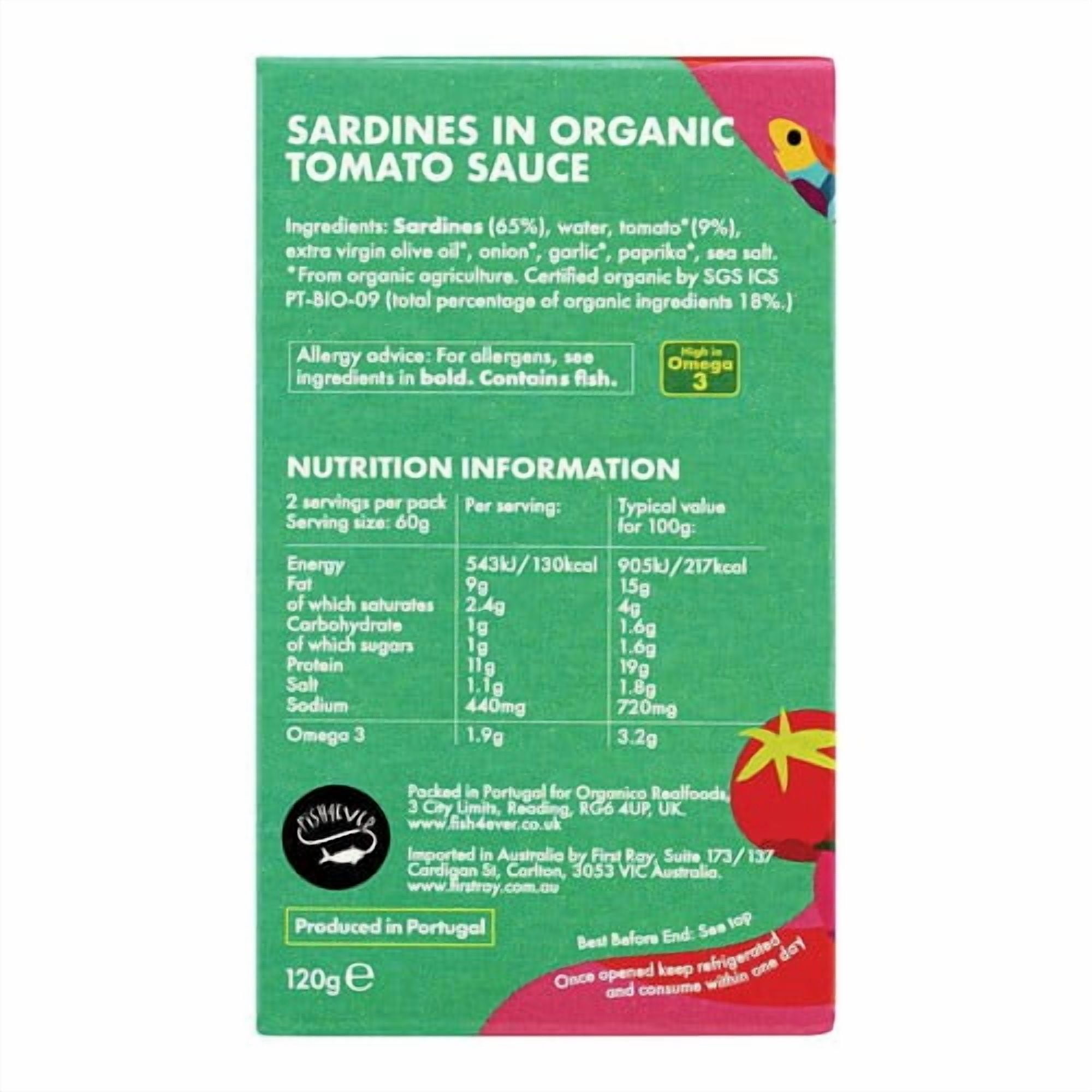 Fish 4 Ever Whole Sardines in Organic Tomato Sauce 120g, British Import (Pack of 3)