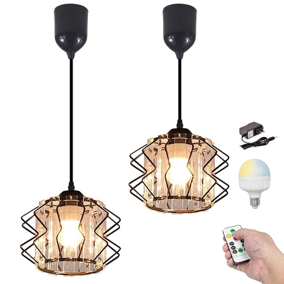 Kiven Battery Operated Pendant Light with Remote,Set of 2 Rechargeable Hanging Pendant Light Adjustable Height with Crystal Lampshade for Bedroom Kitchen Home Decor Black XDD364