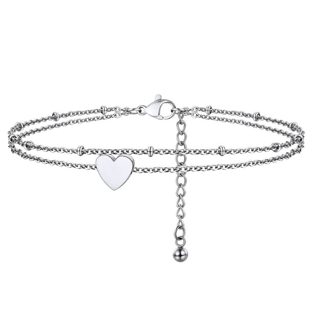 Pulseras de tobillo PROSTEEL de plata con corazón para mujeres adolescentes de Acero inoxidable doble capa