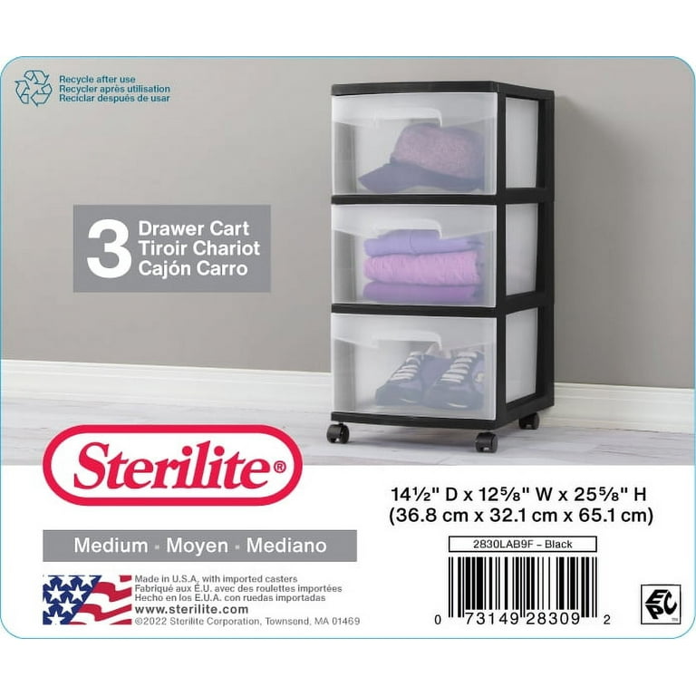 Sterilite 3 Drawer Wide Cart Black