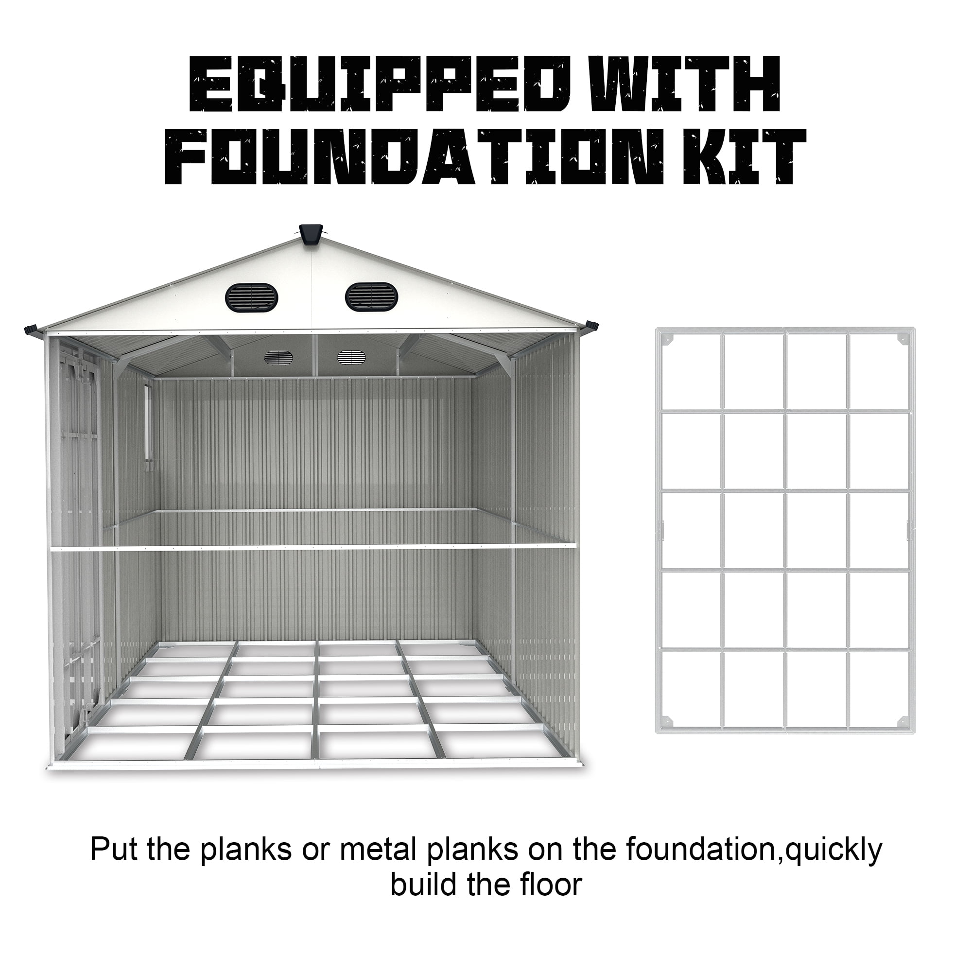 Chery Industrial 8x12 Ft Metal Outdoor Tool Storage Shed with Window, Floor Base & Air Vents, Gray