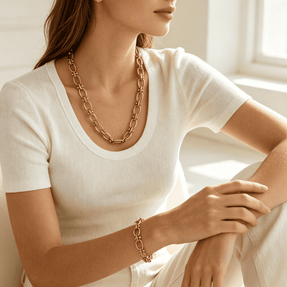 14K Gold Filled Open Link Chain Bracelet & Necklace Jewelry Set for Women, Daily Wear Fashion Jewelry