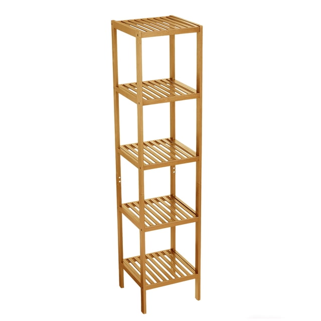Multifunctional Bamboo Storage Shelf with Slatted Shelves Standing Towel Rack, 5 Tier Shelving Unit Corner Rack for Bathroom Entryway Bedroom Kitchen Living Room Balcony