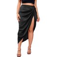 thumbnail image 1 of Falda midi de satén fruncida con abertura lateral asimétrica para mujer Negro XL Extra amplio Negro XL Extra amplio Xishao ropa, 1 of 2