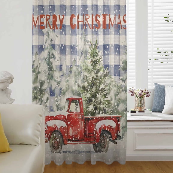 Blue Plaid Christmas Semi Sheer Curtains Drapes for Living Room, Bedroom, French Doors Window 72 Inches Long, Red Truck Xmas Tree Snowflake Rod Pocket Chiffon Curtain Drapery Voile Draperies Panel