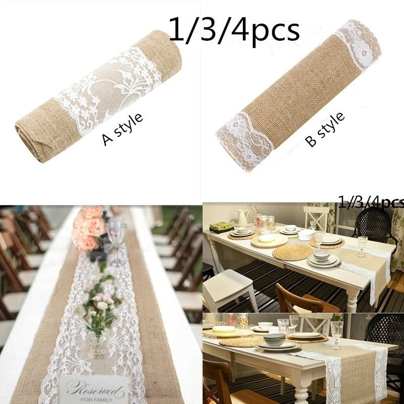 Rustic Burlap Flower Lace Hessian Table Runner Wedding Party Home Cloth Decor 