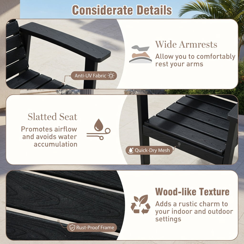 Hommoo 2-Pack HDPE Outdoor Dining Chairs with Wide Armrests, Rustic Wood-Look Patio Seating, All-Weather Durable, Black